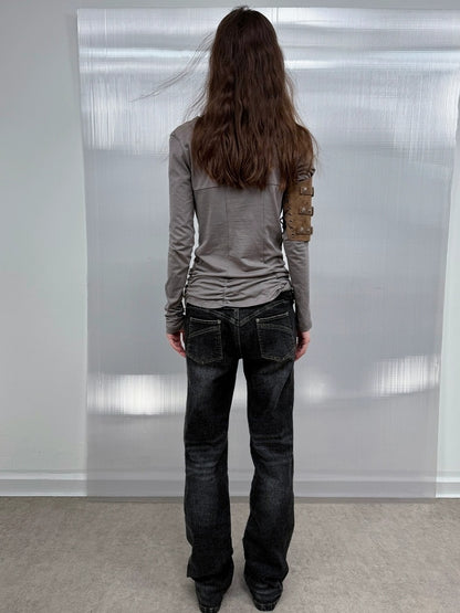 DoublePunch Stretch Low Rise Distressed Straight Casual Women Dark Gray Cotton Jeans