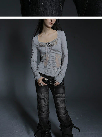 DoublePunch Stretch Low Rise Distressed Straight Casual Women Dark Gray Cotton Jeans