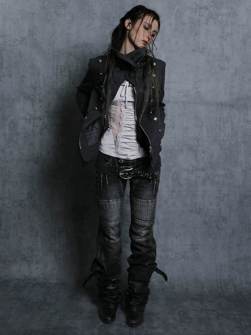 DoublePunch Stretch Low Rise Distressed Straight Casual Women Dark Gray Cotton Jeans