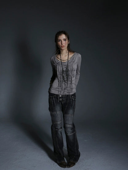 DoublePunch Stretch Low Rise Distressed Straight Casual Women Dark Gray Cotton Jeans