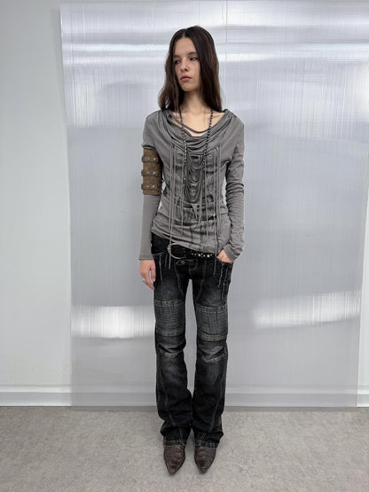 DoublePunch Stretch Low Rise Distressed Straight Casual Women Dark Gray Cotton Jeans