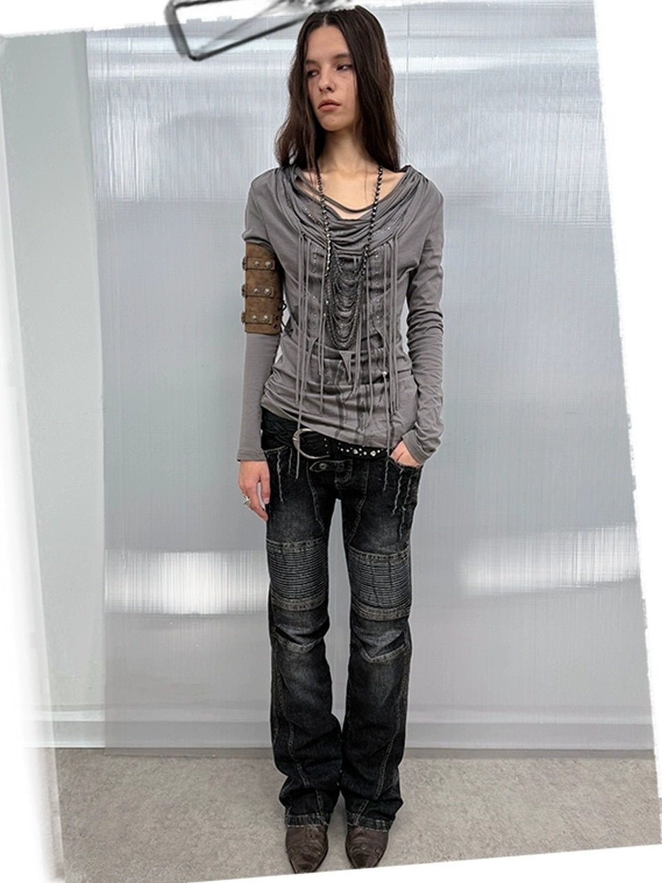 DoublePunch Stretch Low Rise Distressed Straight Casual Women Dark Gray Cotton Jeans