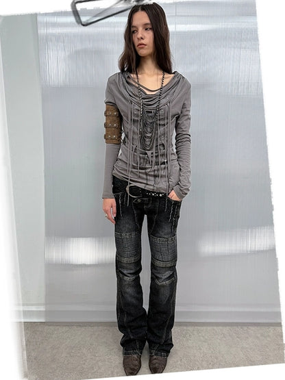 DoublePunch Stretch Low Rise Distressed Straight Casual Women Dark Gray Cotton Jeans