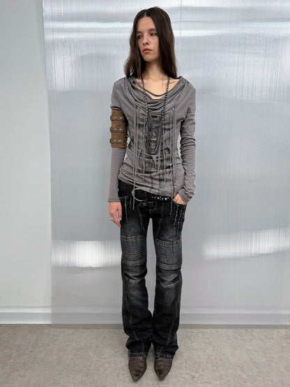 DoublePunch Stretch Low Rise Distressed Straight Casual Women Dark Gray Cotton Jeans