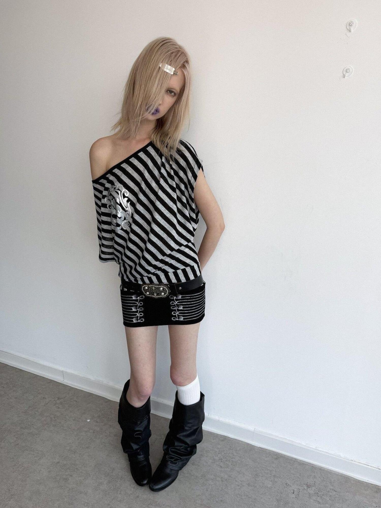 DoublePunch Striped Asymmetric Batwing Gold Foil Print Women&