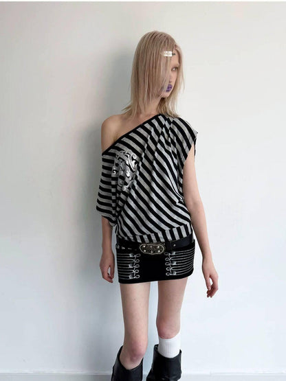 DoublePunch Striped Asymmetric Batwing Gold Foil Print Women&