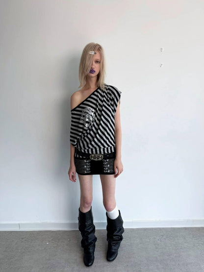 DoublePunch Striped Asymmetric Batwing Gold Foil Print Women&