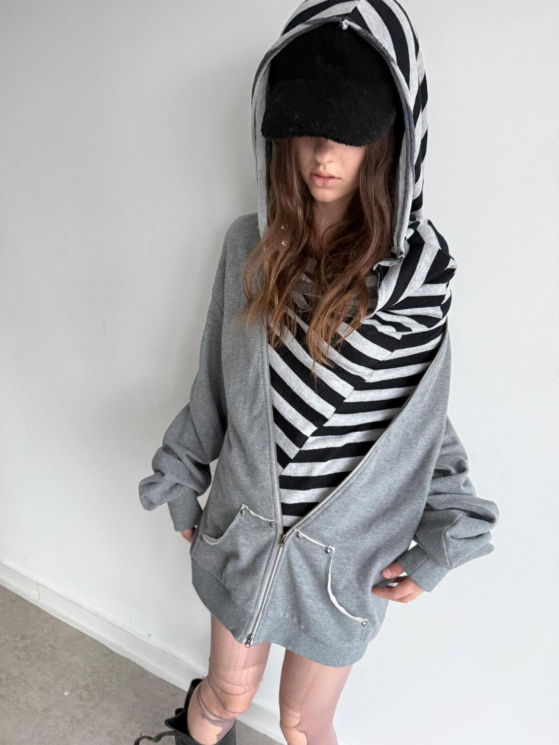DoublePunch Striped Double Layer Oversize Drop Shoulder Women&