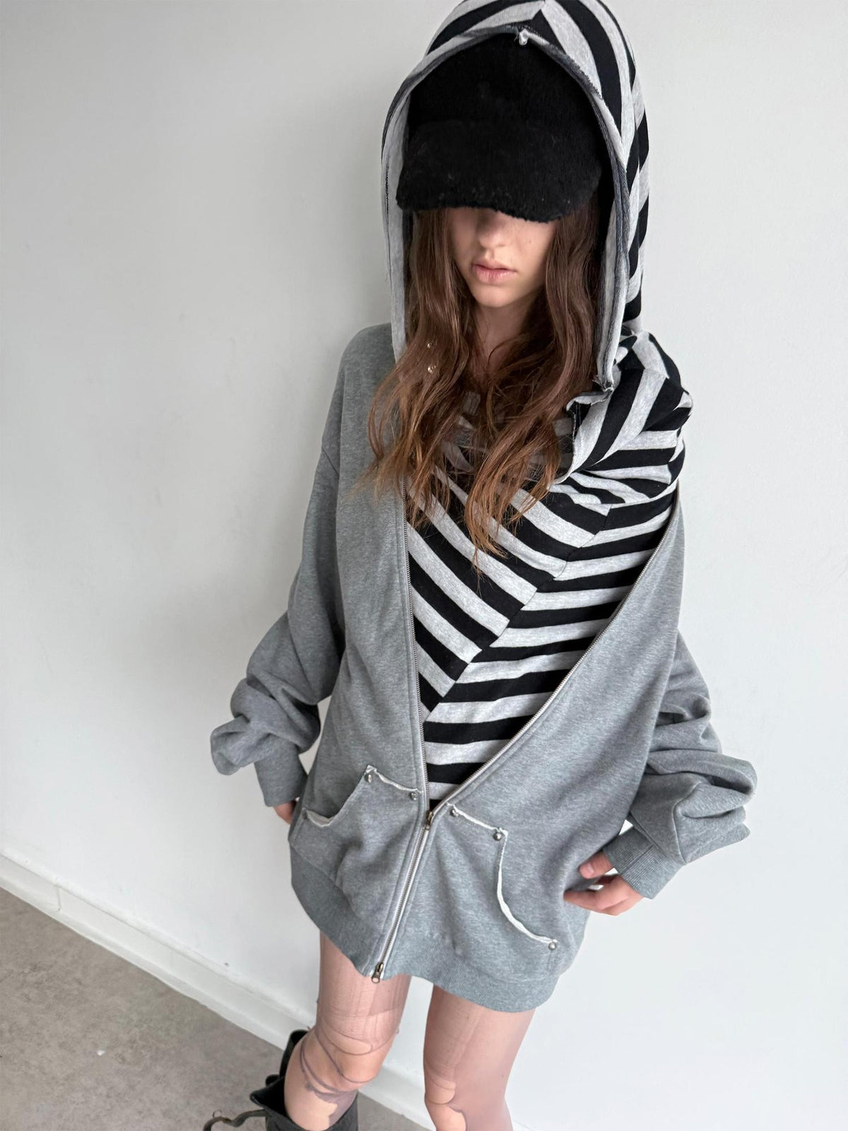 DoublePunch Striped Double Layer Oversize Drop Shoulder Women&