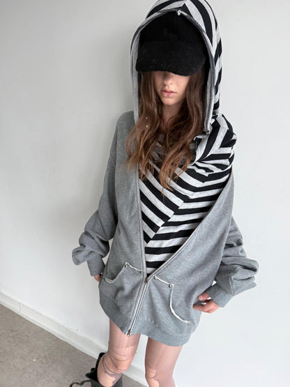 DoublePunch Striped Double Layer Oversize Drop Shoulder Women&