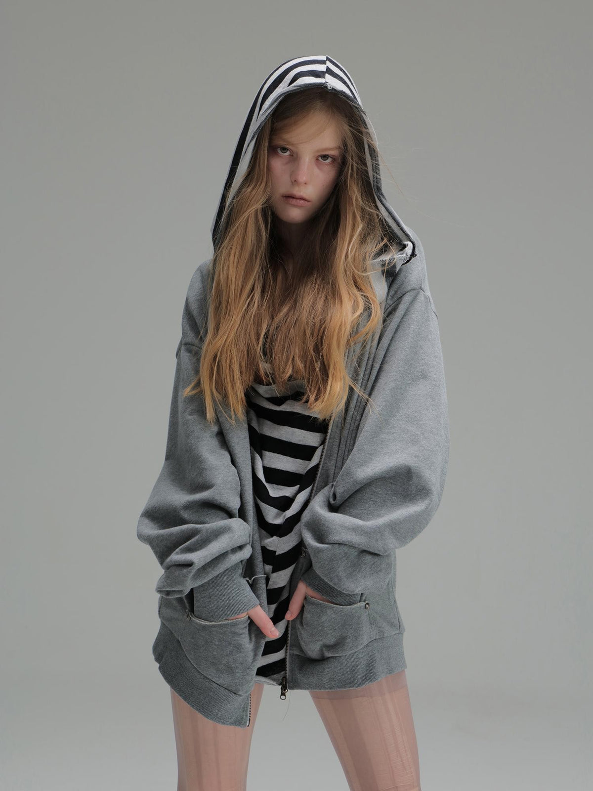 DoublePunch Striped Double Layer Oversize Drop Shoulder Women&