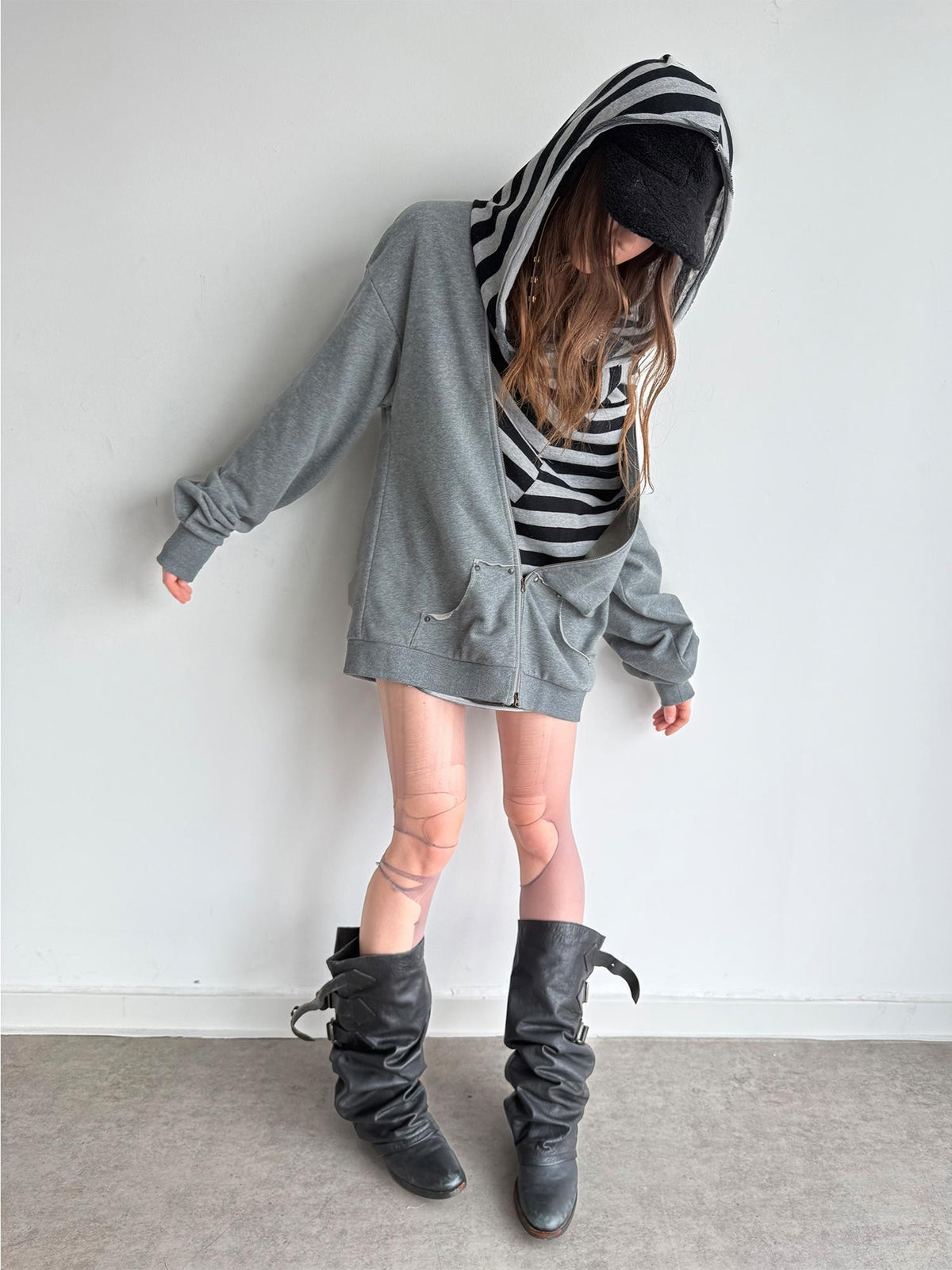 DoublePunch Striped Double Layer Oversize Drop Shoulder Women&