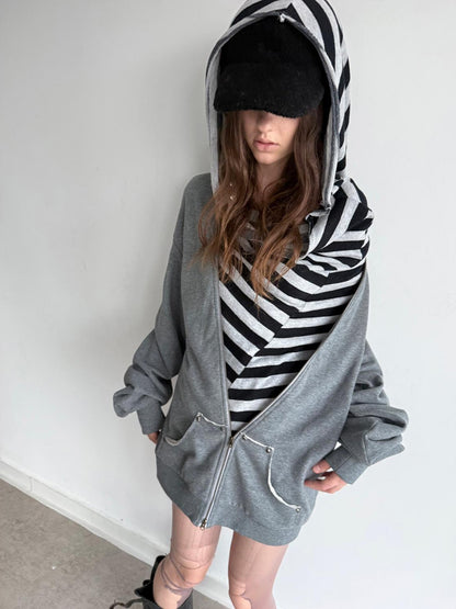 DoublePunch Striped Double Layer Oversize Drop Shoulder Women&