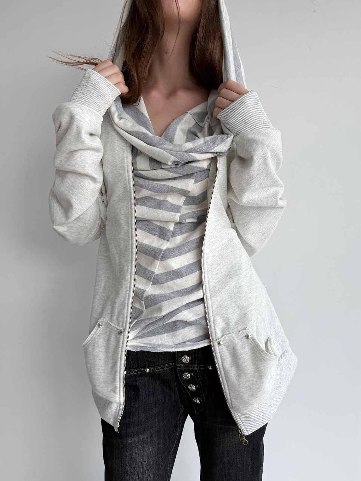 DoublePunch Striped Double Layer Oversize Drop Shoulder Women&