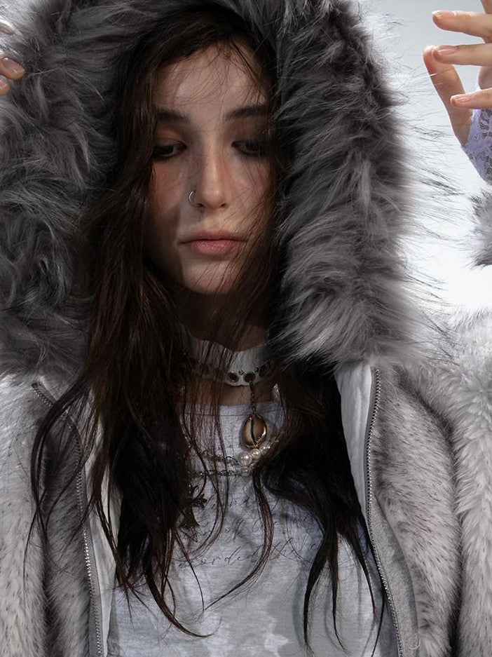 DoublePunch Teddy Hooded Ruching Fur Collar Reversible Women&