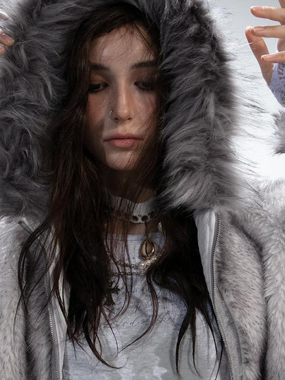 DoublePunch Teddy Hooded Ruching Fur Collar Reversible Women&