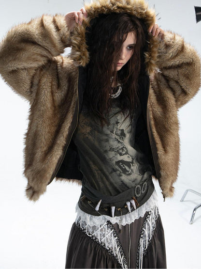 DoublePunch Teddy Hooded Ruching Fur Collar Reversible Women&