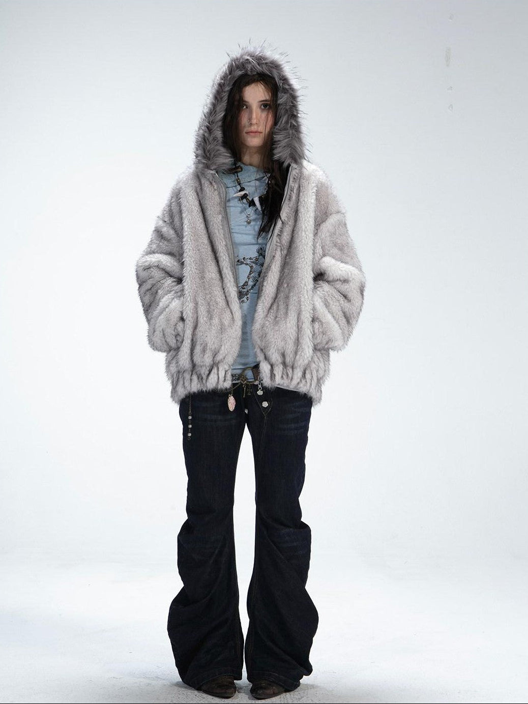 DoublePunch Teddy Hooded Ruching Fur Collar Reversible Women&
