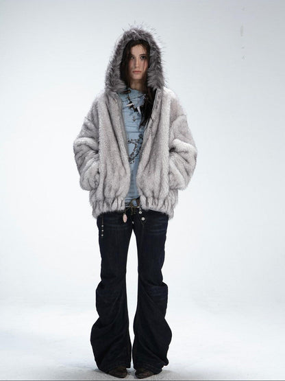 DoublePunch Teddy Hooded Ruching Fur Collar Reversible Women&