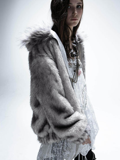DoublePunch Teddy Hooded Ruching Fur Collar Reversible Women&