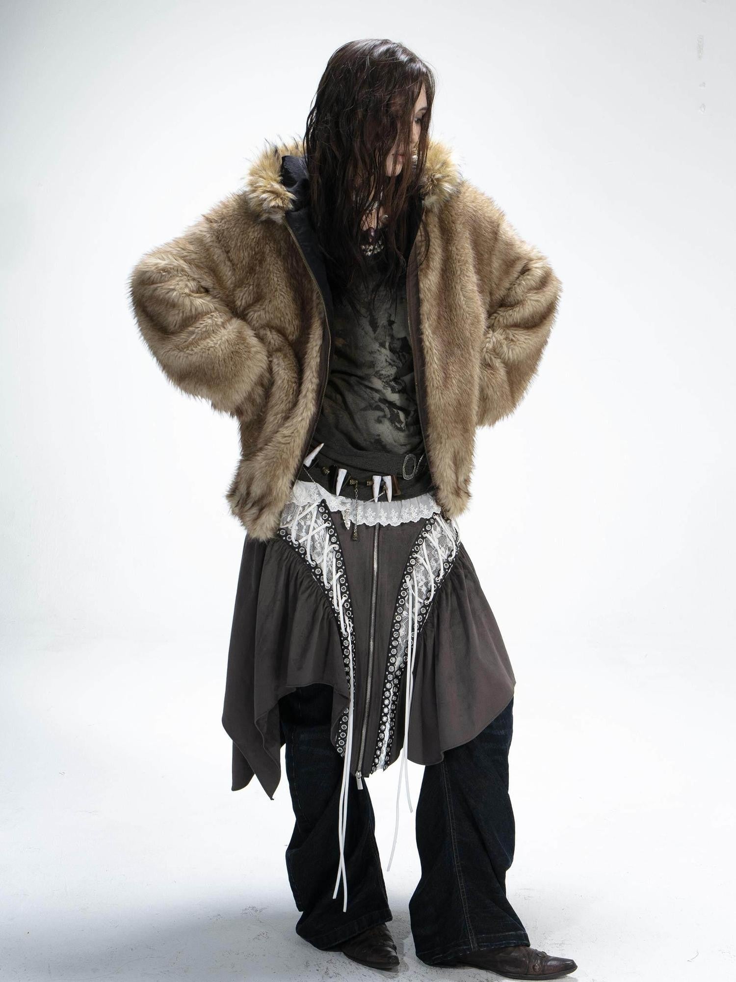 DoublePunch Teddy Hooded Ruching Fur Collar Reversible Women&