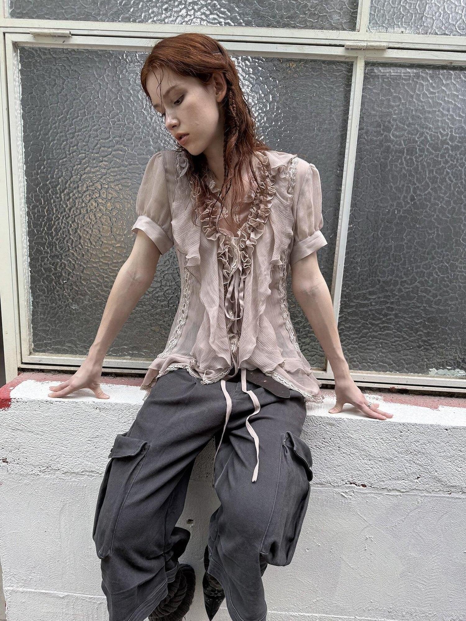 DoublePunch Textured Gauze Layered Ruffle Irregular Hem Tie V-neck Women&