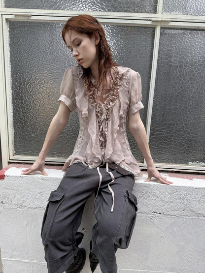 DoublePunch Textured Gauze Layered Ruffle Irregular Hem Tie V-neck Women&