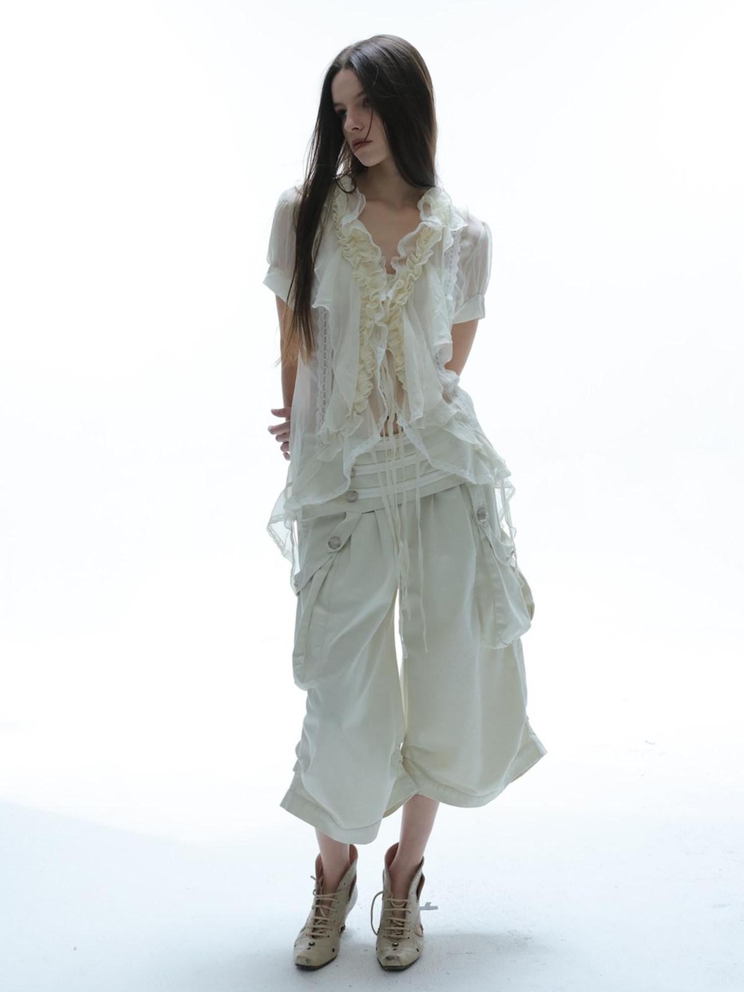 DoublePunch Textured Gauze Layered Ruffle Irregular Hem Tie V-neck Women&