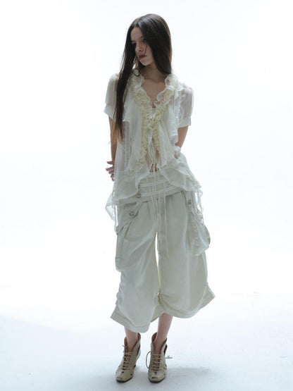 DoublePunch Textured Gauze Layered Ruffle Irregular Hem Tie V-neck Women&