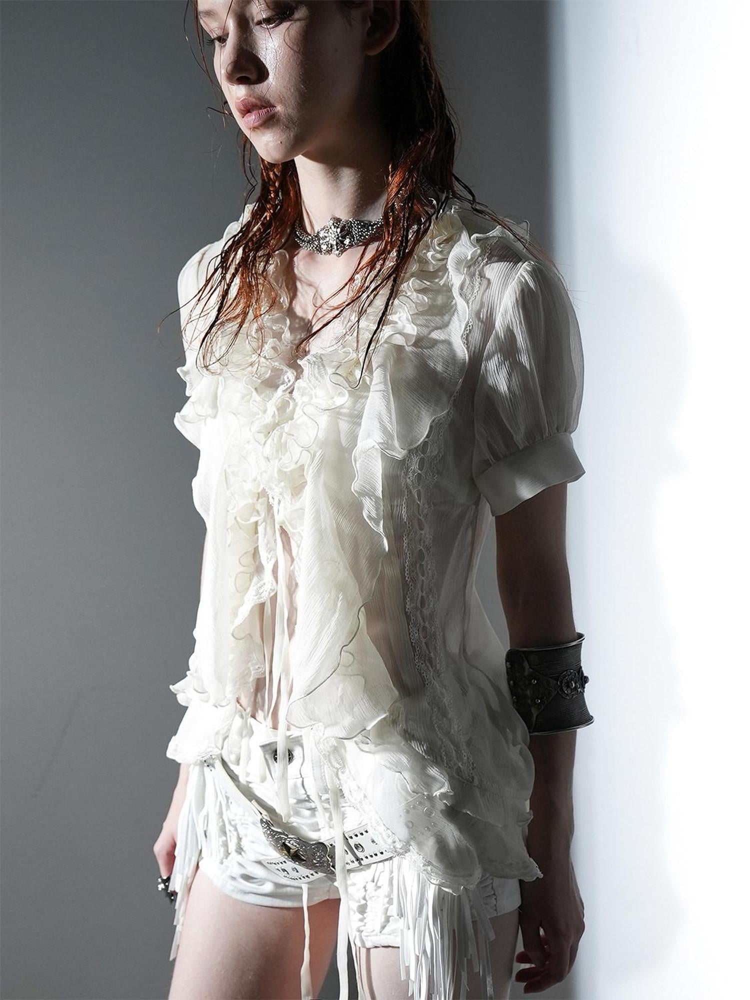 DoublePunch Textured Gauze Layered Ruffle Irregular Hem Tie V-neck Women&
