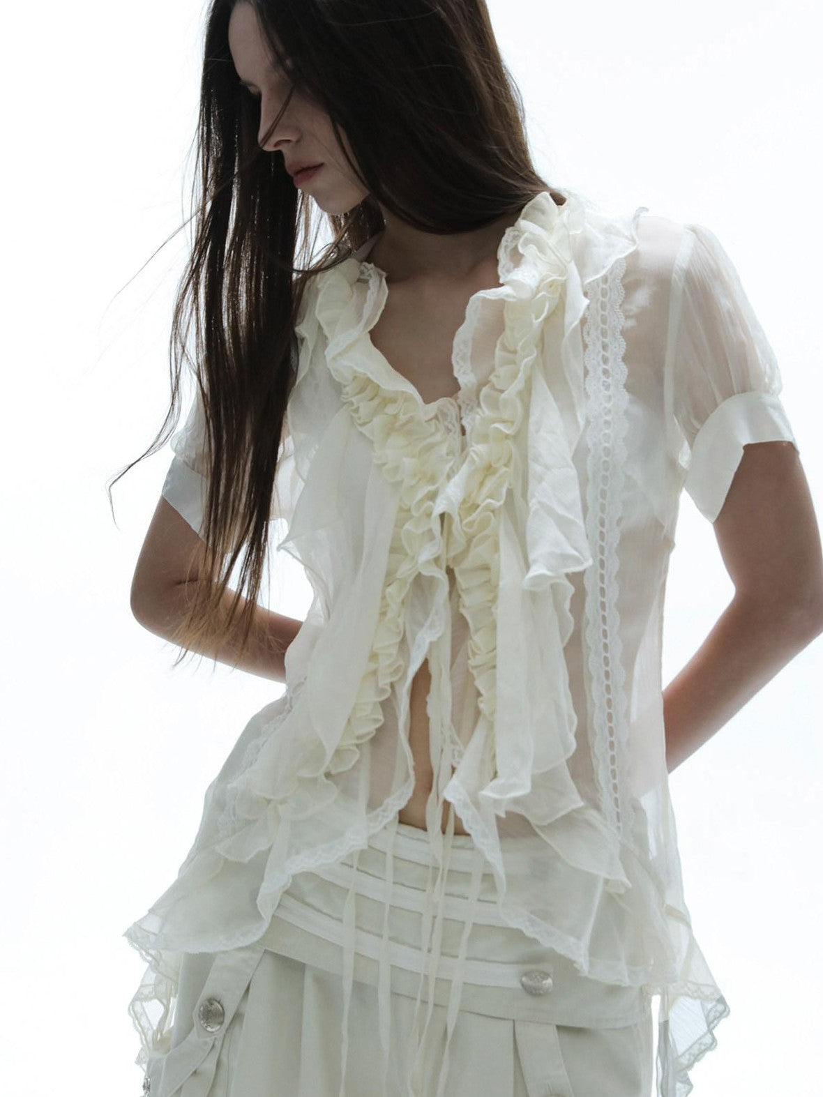 DoublePunch Textured Gauze Layered Ruffle Irregular Hem Tie V-neck Women&