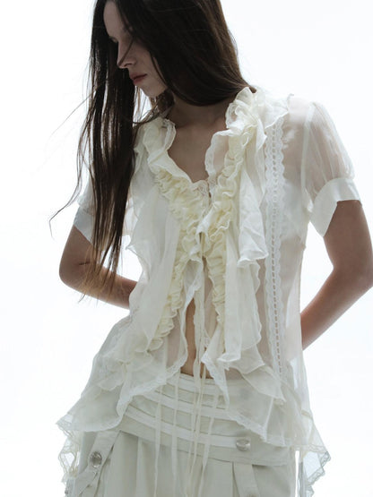 DoublePunch Textured Gauze Layered Ruffle Irregular Hem Tie V-neck Women&