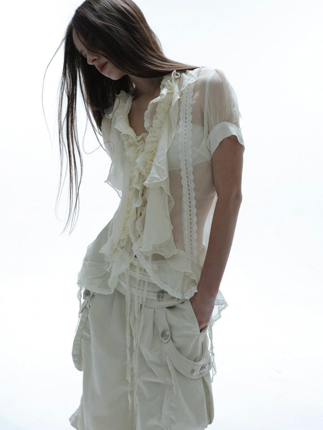 DoublePunch Textured Gauze Layered Ruffle Irregular Hem Tie V-neck Women&
