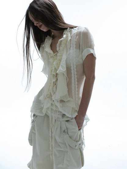 DoublePunch Textured Gauze Layered Ruffle Irregular Hem Tie V-neck Women&