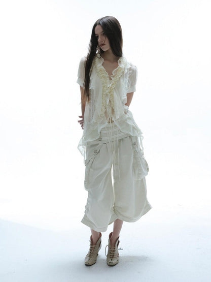 DoublePunch Textured Gauze Layered Ruffle Irregular Hem Tie V-neck Women&