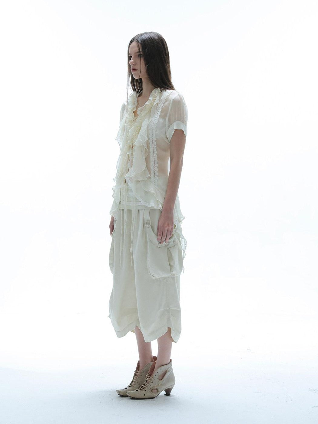 DoublePunch Textured Gauze Layered Ruffle Irregular Hem Tie V-neck Women&