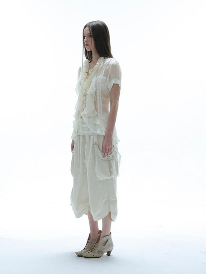 DoublePunch Textured Gauze Layered Ruffle Irregular Hem Tie V-neck Women&