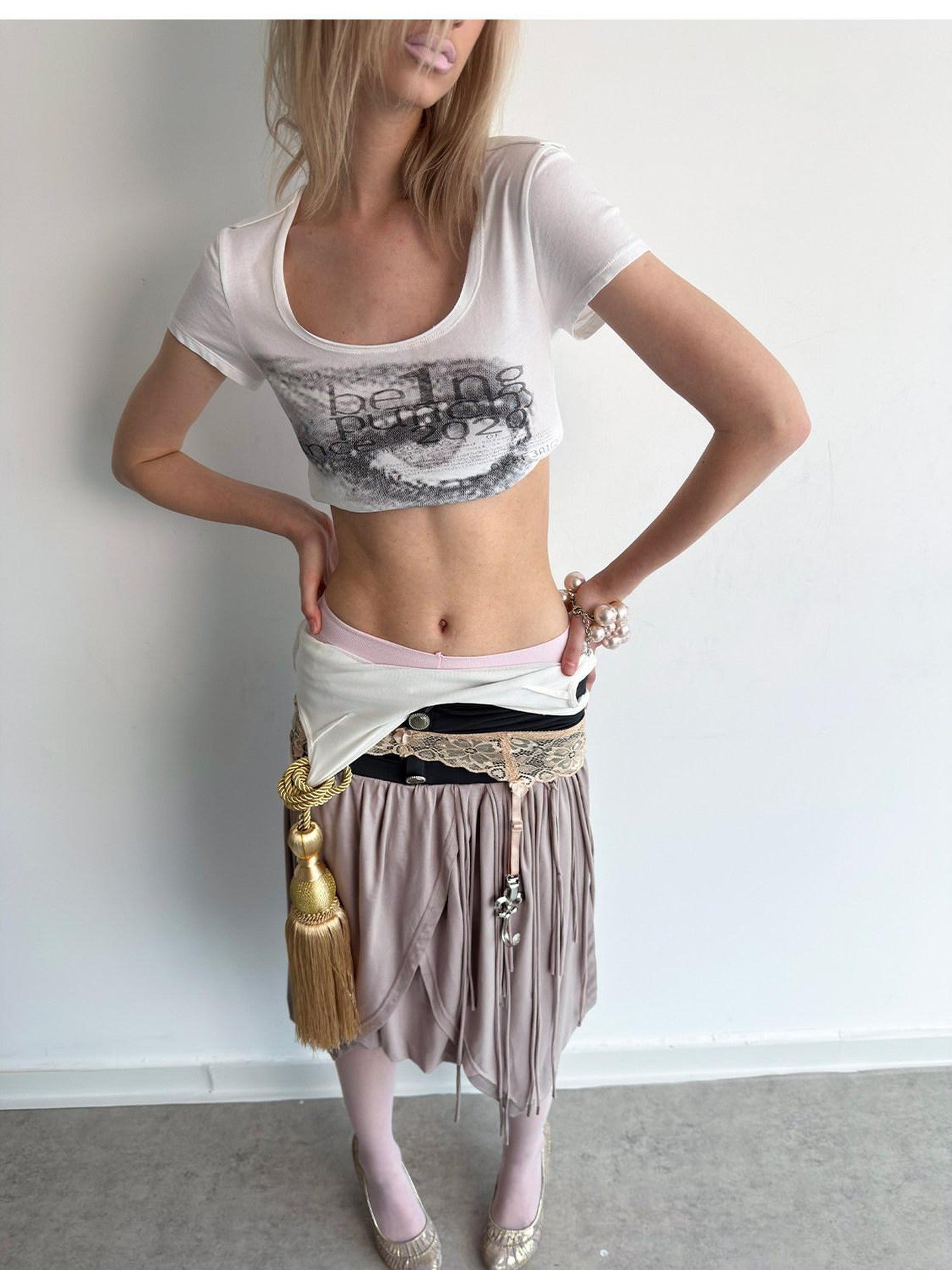 DoublePunch Tulip Tassel Low Waist Wide Pleated Waistband Women&