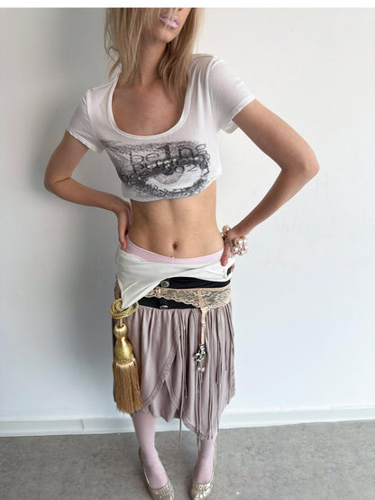 DoublePunch Tulip Tassel Low Waist Wide Pleated Waistband Women&