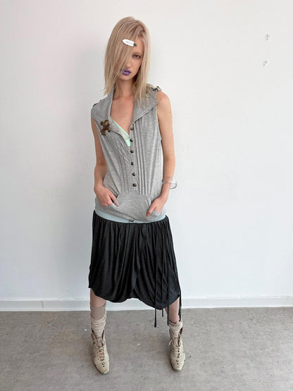 DoublePunch Tulip Tassel Low Waist Wide Pleated Waistband Women&