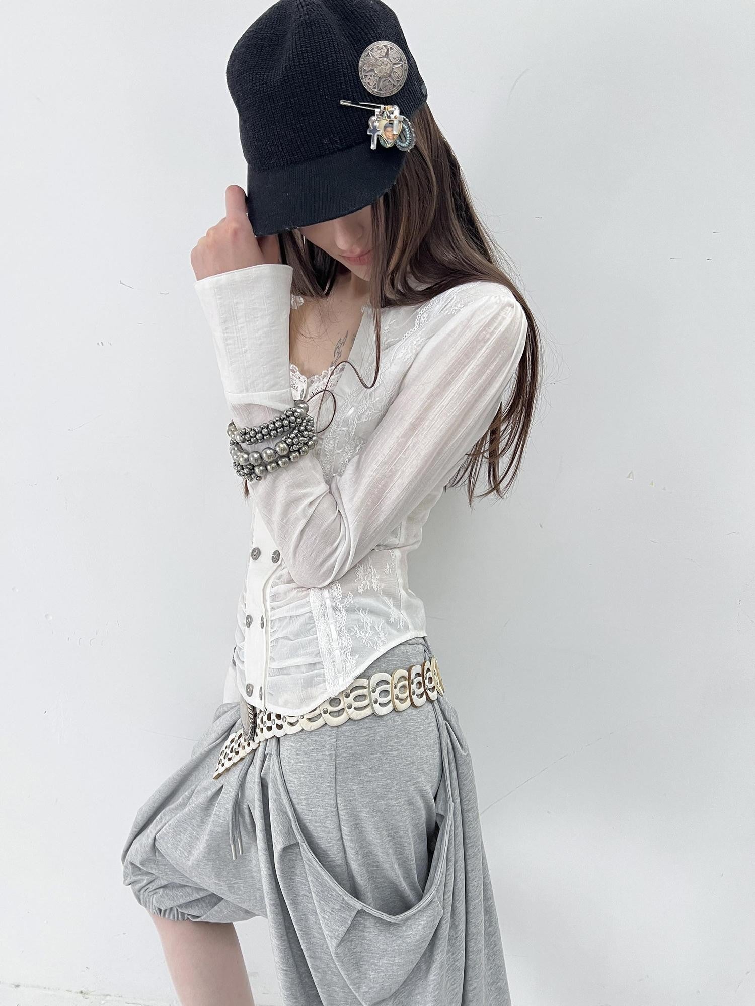 DoublePunch Vintage Court Lace Spliced Square Neck Slim Fit Women&