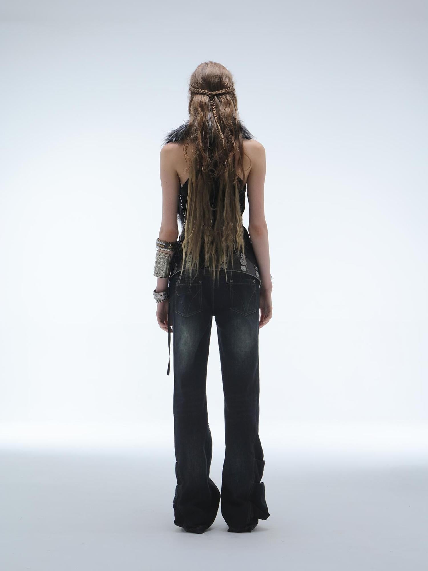 DoublePunch Vintage Distressed Low Rise Relaxed Cotton Zipper Fly Women Deep Blue Jeans