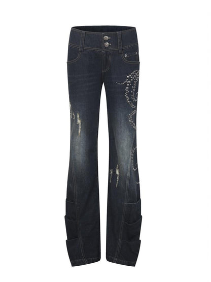 DoublePunch Vintage Distressed Low Rise Relaxed Cotton Zipper Fly Women Deep Blue Jeans