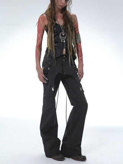 DoublePunch Vintage Distressed Patchwork Mid Low Waist Straight Cotton Stretch Women Pants