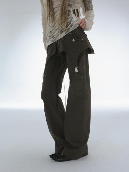 DoublePunch Vintage Distressed Patchwork Mid Low Waist Straight Cotton Stretch Women Pants