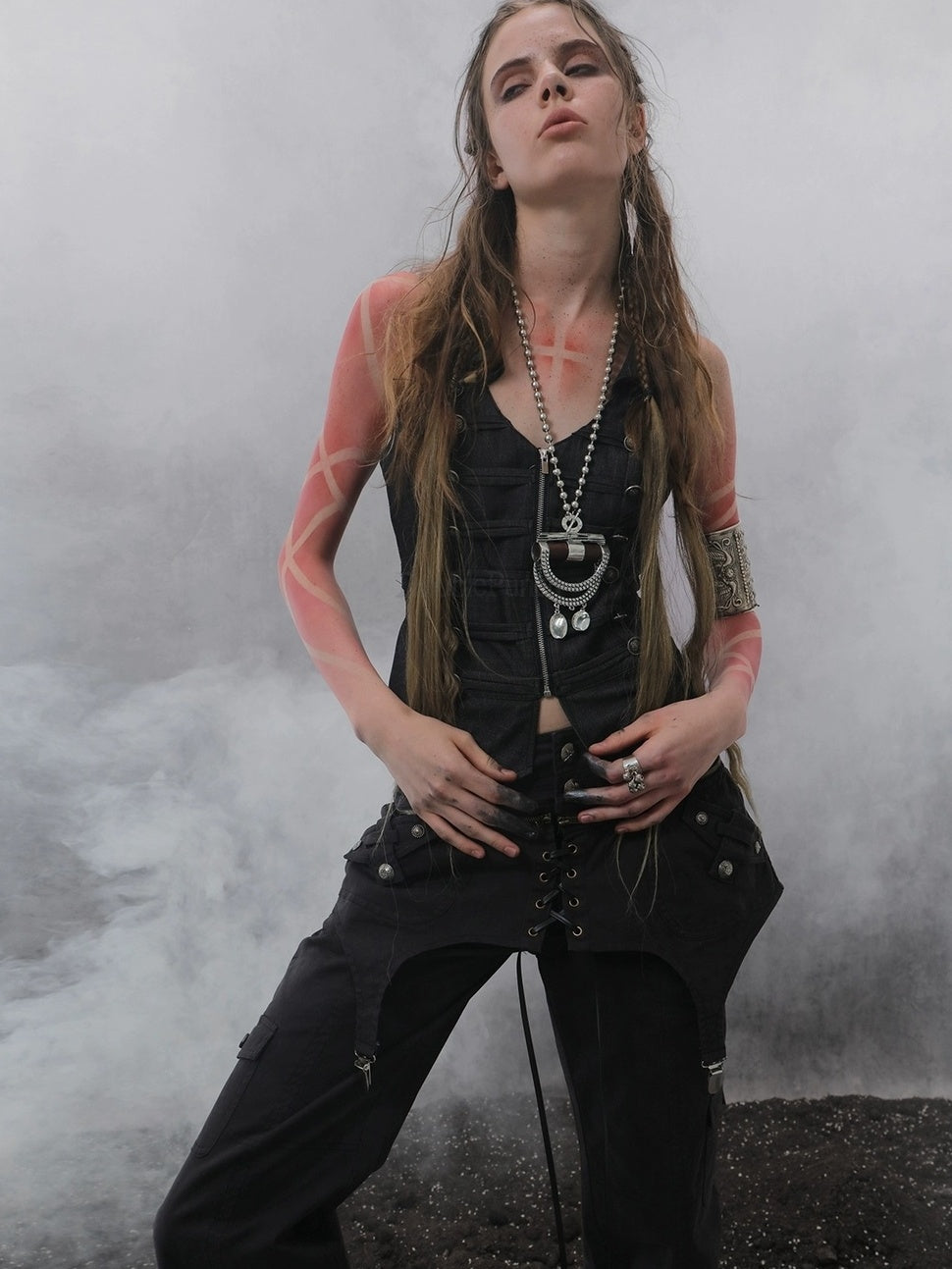 DoublePunch Vintage Distressed Patchwork Mid Low Waist Straight Cotton Stretch Women Pants