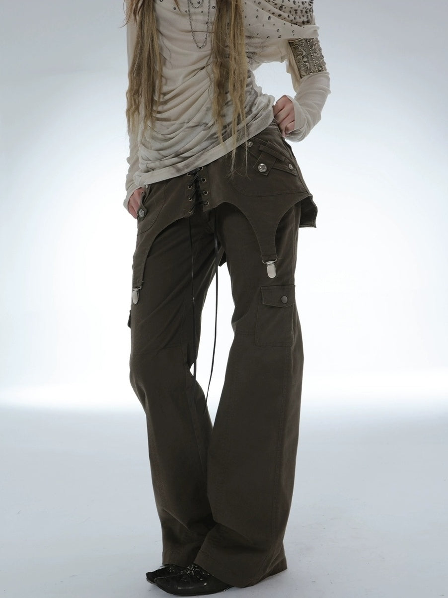 DoublePunch Vintage Distressed Patchwork Mid Low Waist Straight Cotton Stretch Women Pants