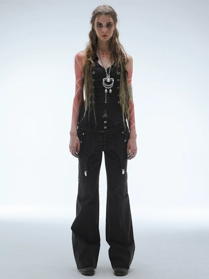 DoublePunch Vintage Distressed Patchwork Mid Low Waist Straight Cotton Stretch Women Pants