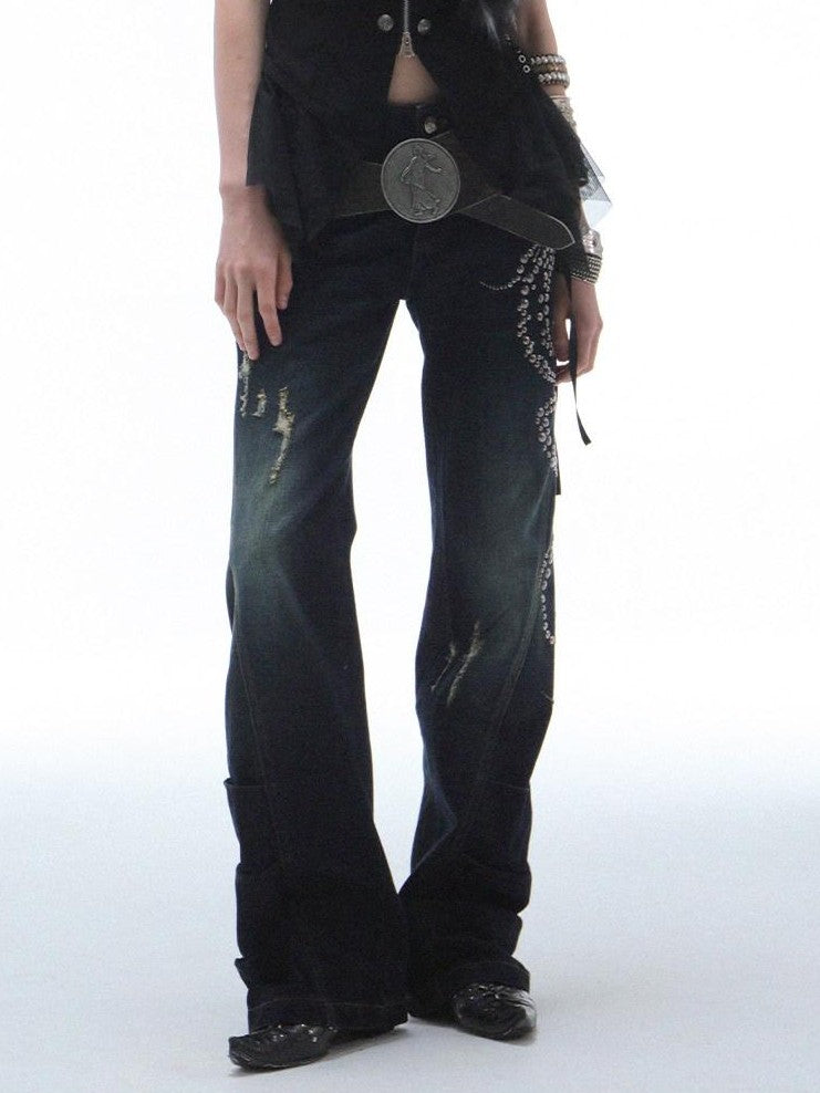 DoublePunch Vintage Distressed Rhinestone Ripped Low Rise Women&