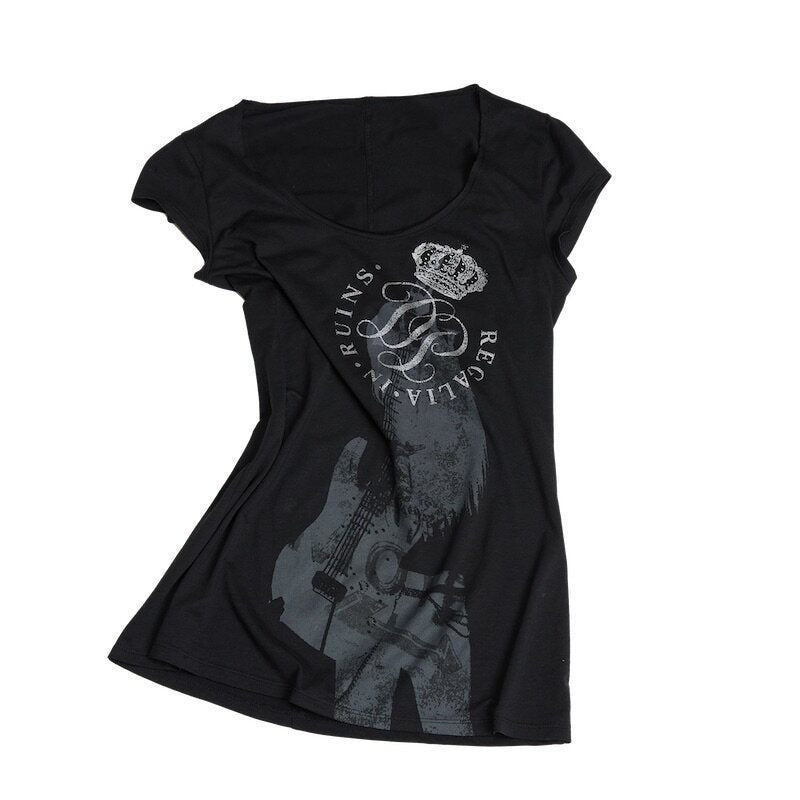 DoublePunch_Vintage_Guitar_Print_Slim_Crew_Neck_Women&